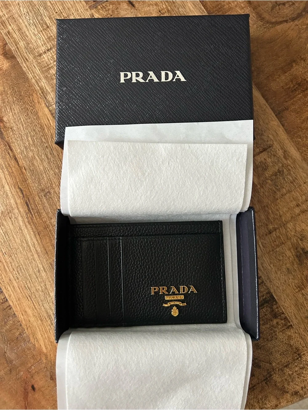 Prada Black Leather Card Holder with Gold Crest